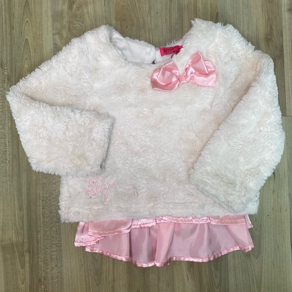 Betsey Johnson Other - Vintage Betsey Johnson Faux Fur Sweater Top Pink Satin Trim And Bow Size 18-24M